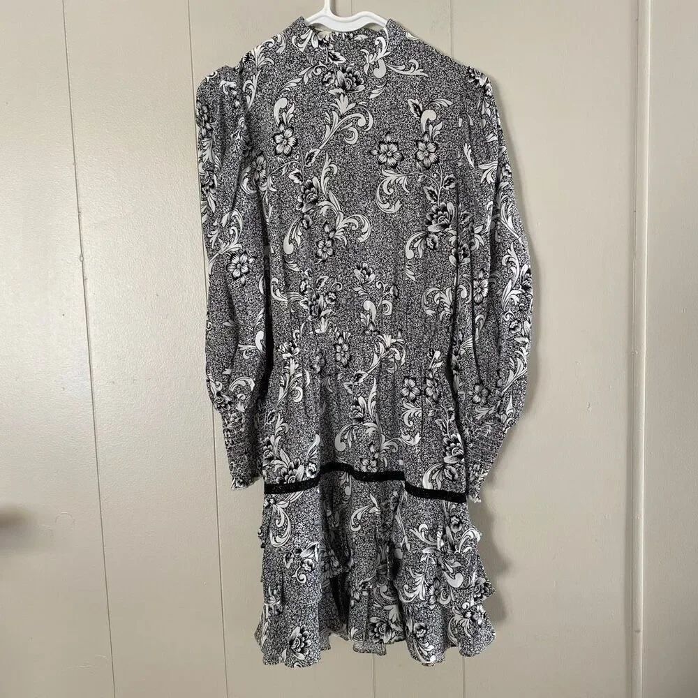 Forever 21 Black White Floral Ruffle Mini Dress • Long Sleeve • Smocked Waist •